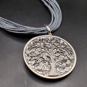 Tree of Life Pendant Necklace Silver Tone Multi-Strand Cord Adjustable Choker